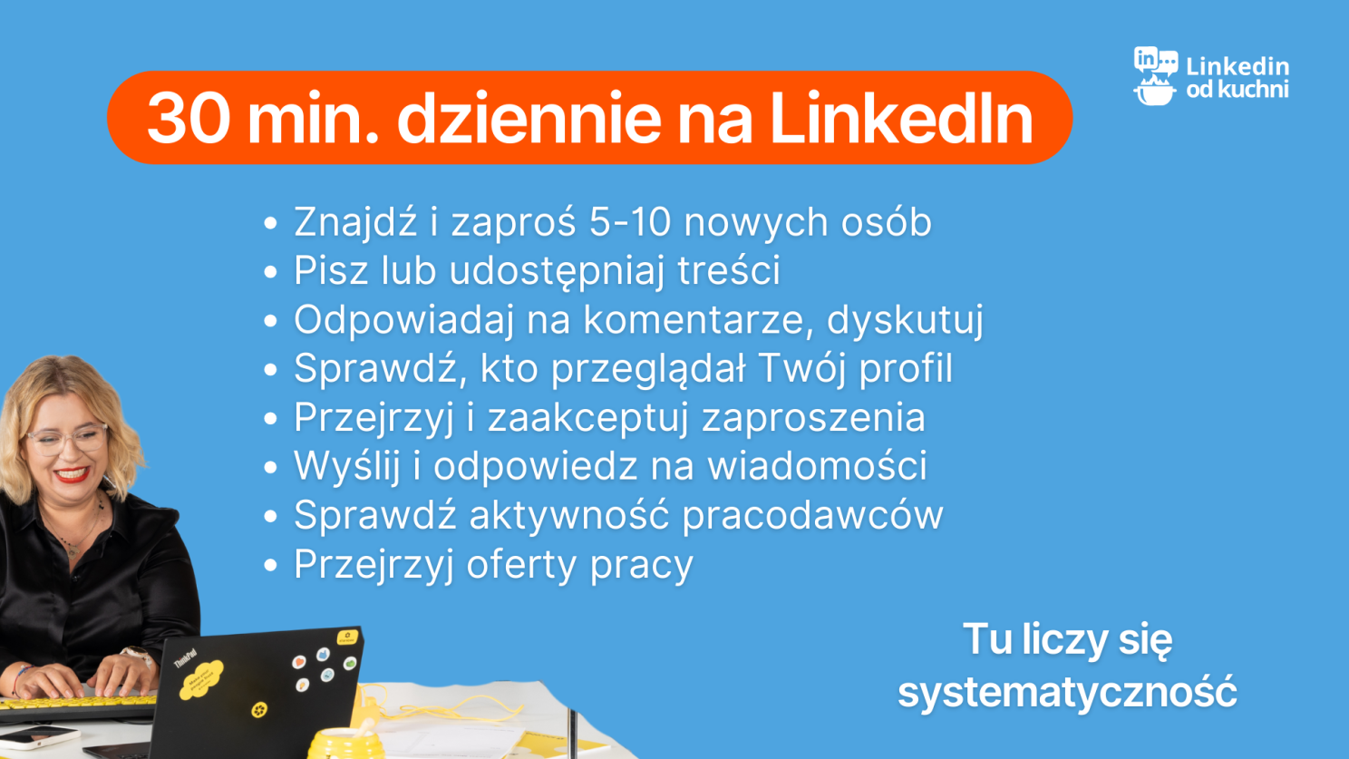 Grafika LinkedIn od kuchni: 30 minut dziennie na LinkedIn, lista codziennych aktywności