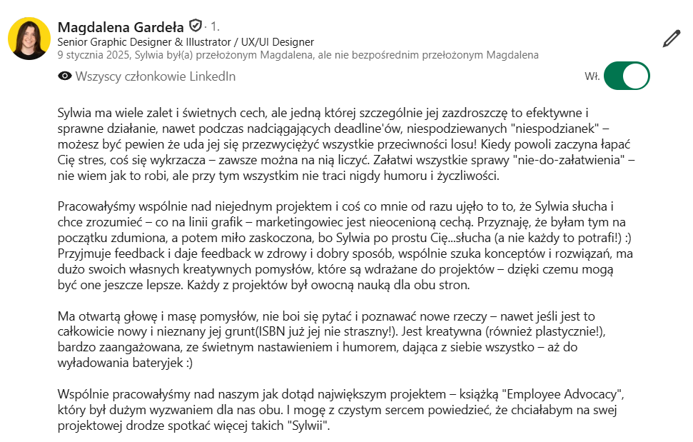 Rekomendacja na LinkedIn od osoby z innego działu: Magdalena Gardeła, Senior Graphic Designer, o współpracy przy książce Employee Advocacy