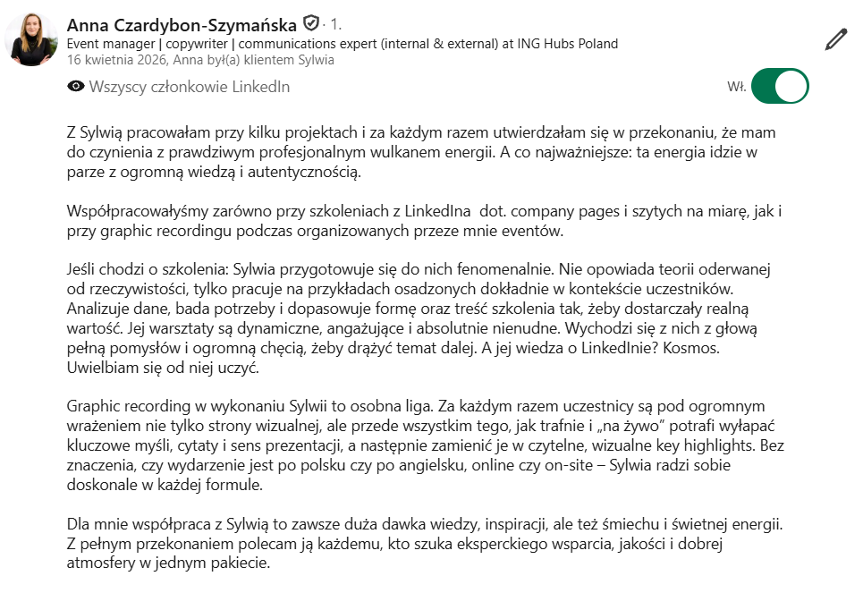 Rekomendacja na LinkedIn od klientki: Anna Czardybon-Szymańska, ING Hubs Poland, o szkoleniach i graphic recordingu Sylwii Chmielewskiej