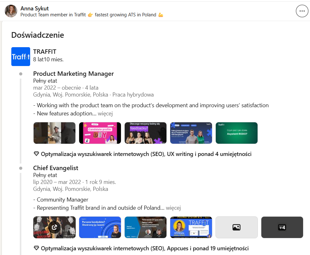 Sekcja Doświadczenie na profilu LinkedIn Anny Sykut w Traffit z opisami stanowisk i multimediami