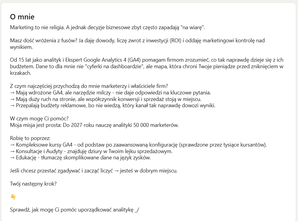Przykład sekcji „O mnie” na LinkedIn: Maciej Lewiński, analityka i Google Analytics 4