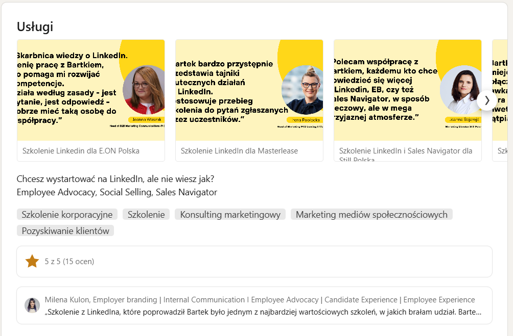 Sekcja Usługi na profilu LinkedIn Bartka Ziemiańskiego z grafikami opinii klientów i listą usług